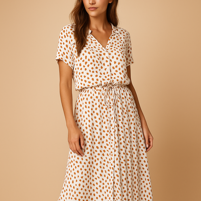 Women’s polka dot midi dress with flattering fit and classic pattern, perfect for everyday wear, casual outings, and special occasions.