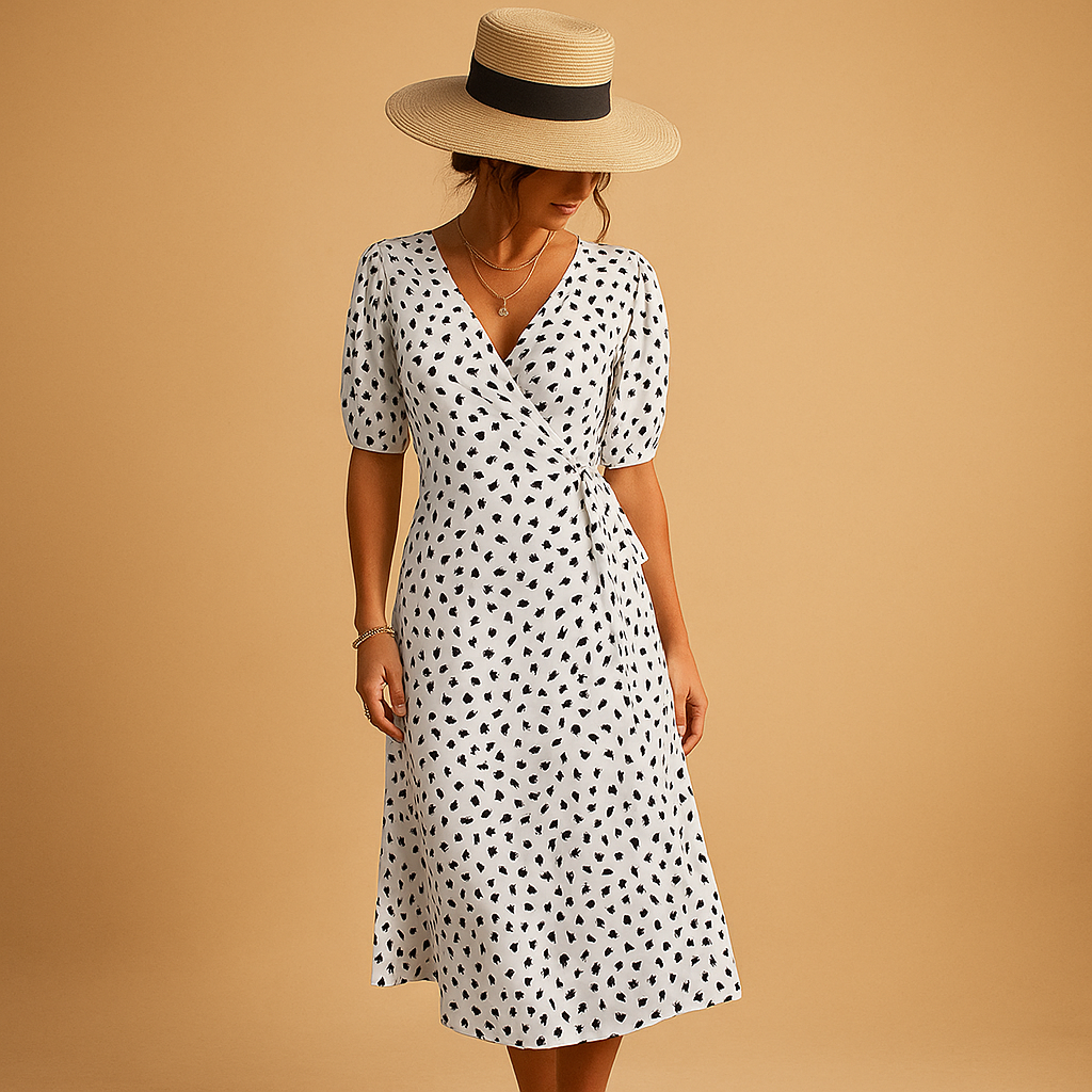 Polka dot summer dress with crossed V-neck and side split for women, ideal for beach days, garden parties, and casual summer outings.