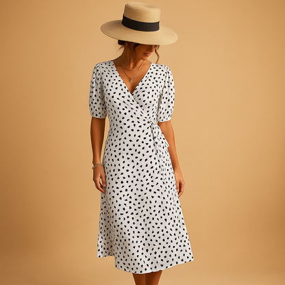 Polka dot summer dress with crossed V-neck and side split for women, ideal for beach days, garden parties, and casual summer outings.