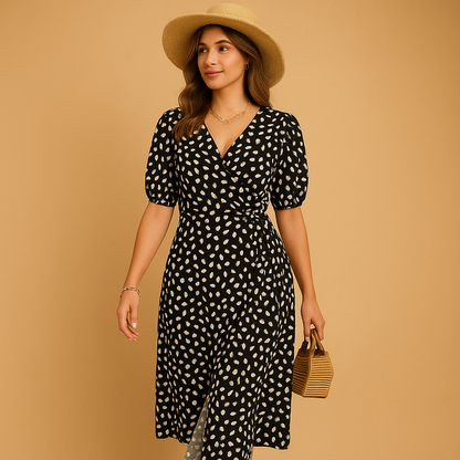 Polka dot summer dress with crossed V-neck and side split for women, ideal for beach days, garden parties, and casual summer outings.