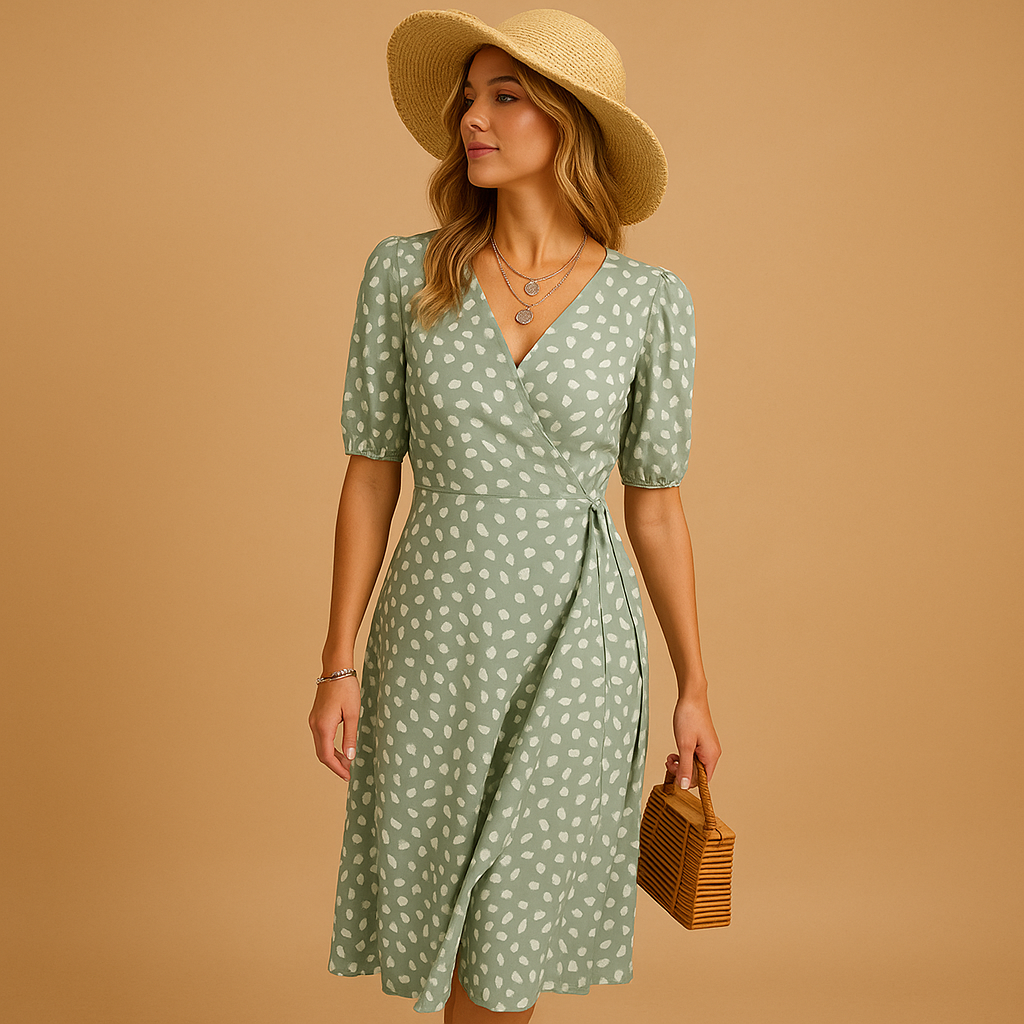 Polka dot summer dress with crossed V-neck and side split for women, ideal for beach days, garden parties, and casual summer outings.