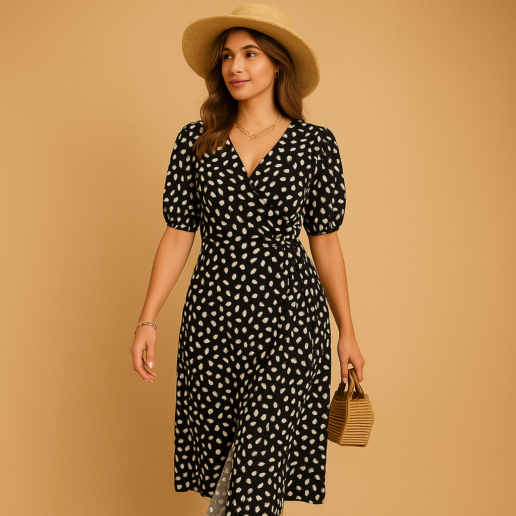 Polka dot summer dress for women with cross V-neck and side slit, perfect for beach outings, garden parties, and casual summer days.