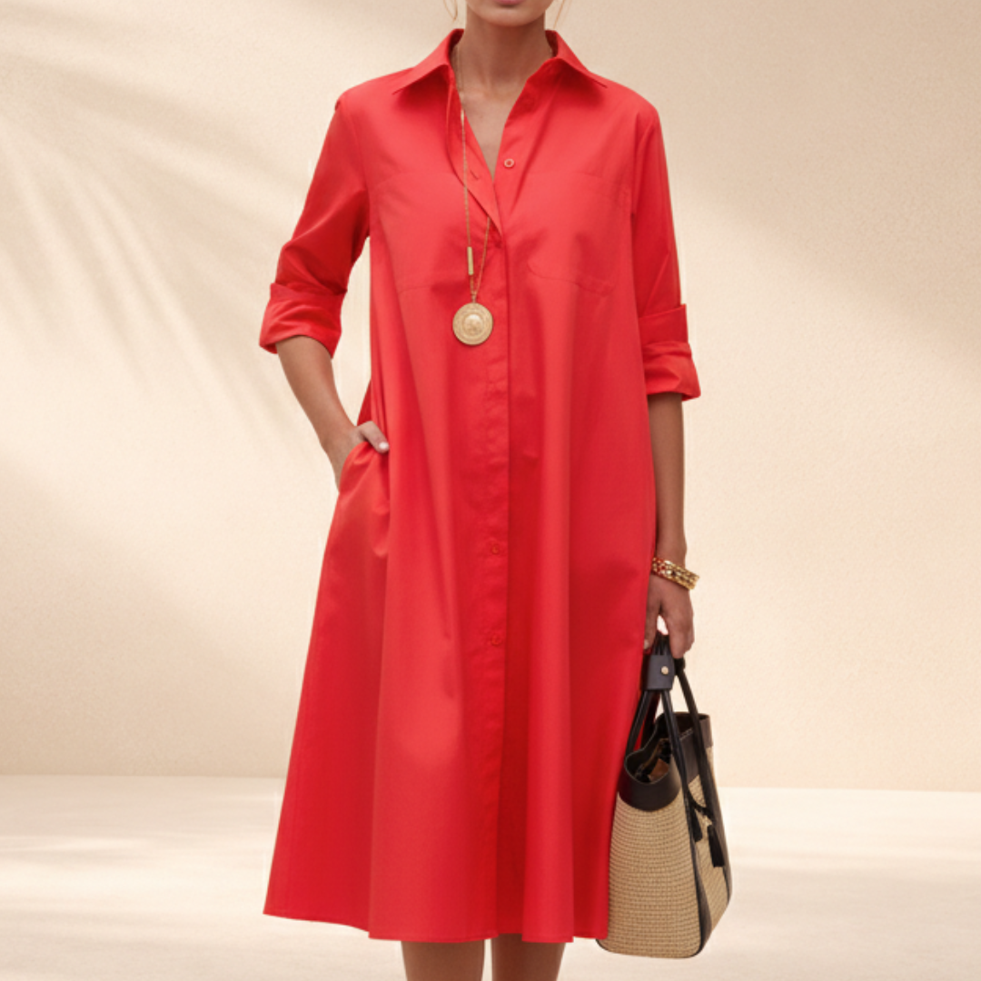Women's A-Line Midi Dress Cotton Collared Navy - Vonnera