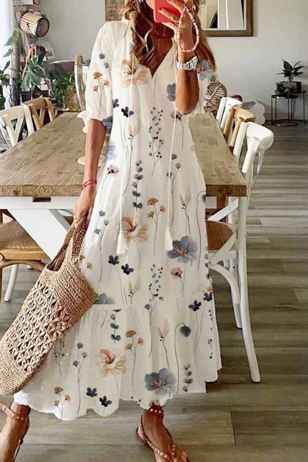 Women's V-Neck Maxi Dress Floral Print Boho Style - Vonnera