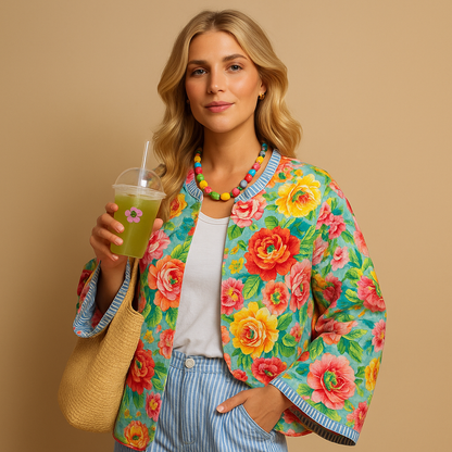 Women’s printed cotton coat with slim fit, breathable fabric, and expressive multicolor designs for stylish everyday outfits.