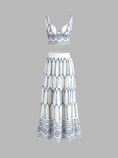 Women's Embroidered Crop And Maxi Skirt Set - Vonnera