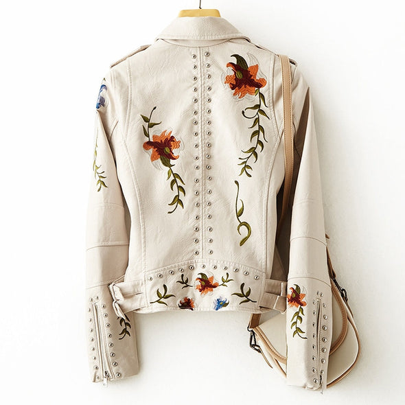 Women's Embroidered Leather Jacket with Studs