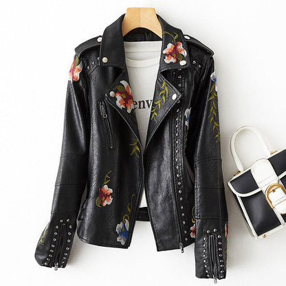 Women's Embroidered Leather Jacket with Studs