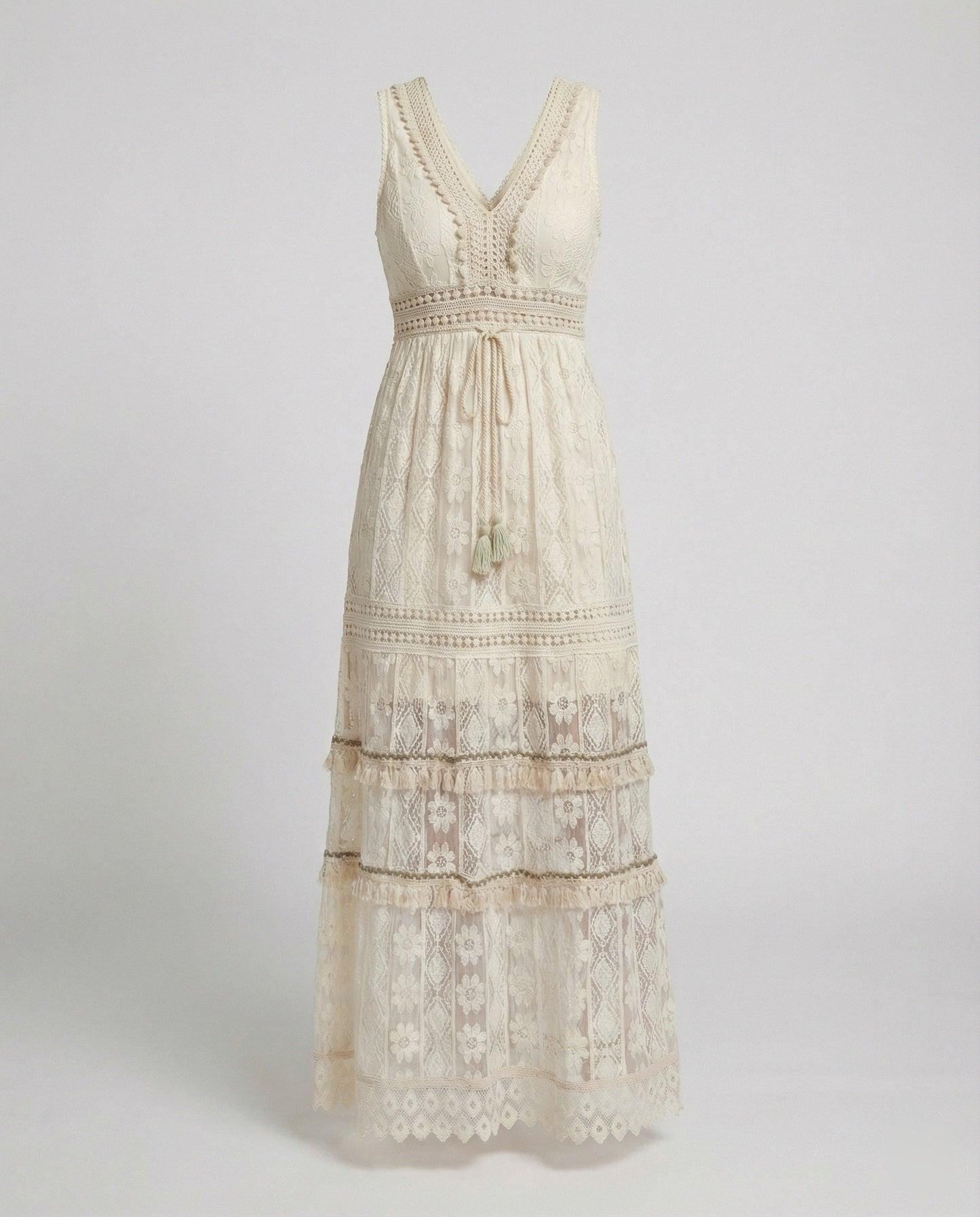 Women's Bohemian Maxi Dress Lace Tiered Tassel Waist