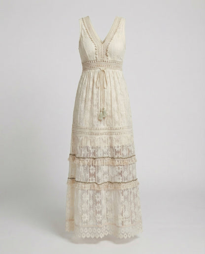 Women's Bohemian Maxi Dress Lace Tiered Tassel Waist