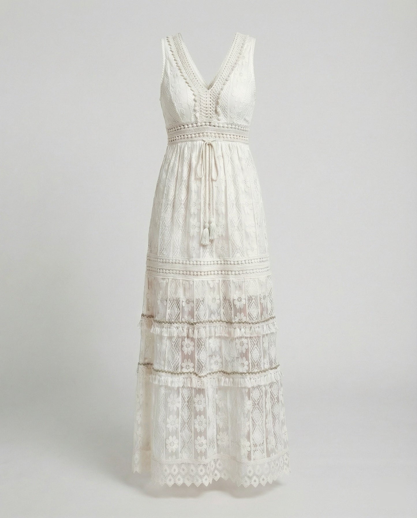 Women's Bohemian Maxi Dress Lace Tiered Tassel Waist