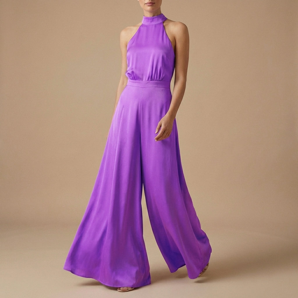 Women's Halter Neck Jumpsuit Wide Leg Tie Back