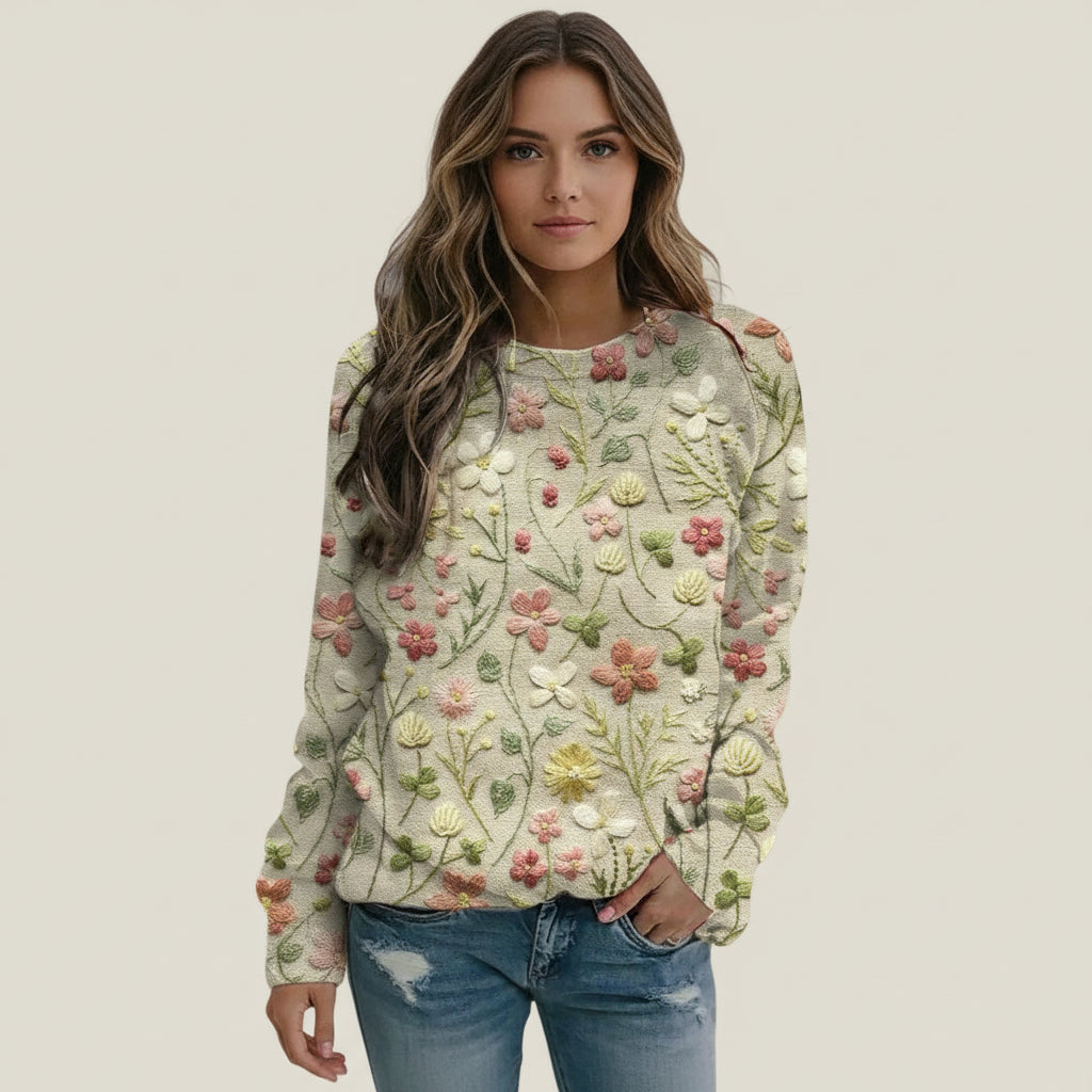 Women Floral Crew Neck Sweater - Vonnera