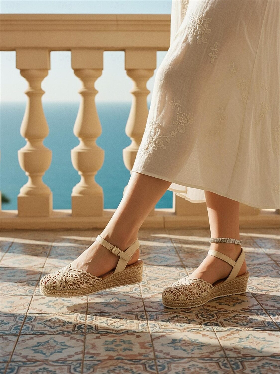 Wedge Espadrille Sandals Crochet Adjustable Ankle Strap - Vonnera