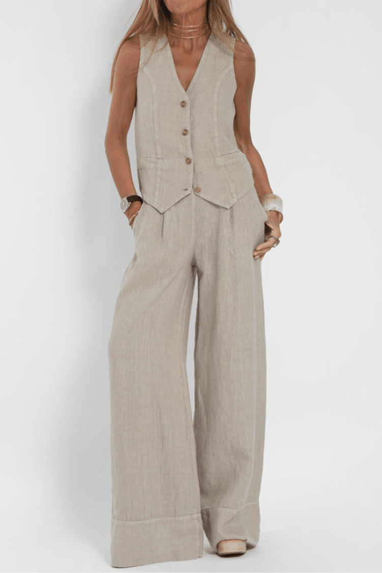 Women's Vest And Pants Set Button-Down Wide Leg - Vonnera