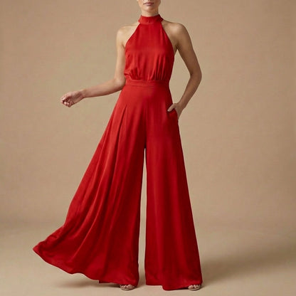 Women's Halter Neck Jumpsuit Wide Leg Tie Back