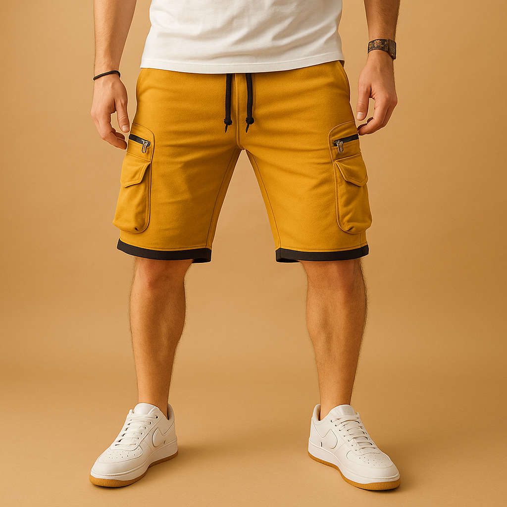 Men’s relaxed cargo shorts with drawstring and multiple pockets, ideal for summer wear, outdoor activities, and everyday comfort.