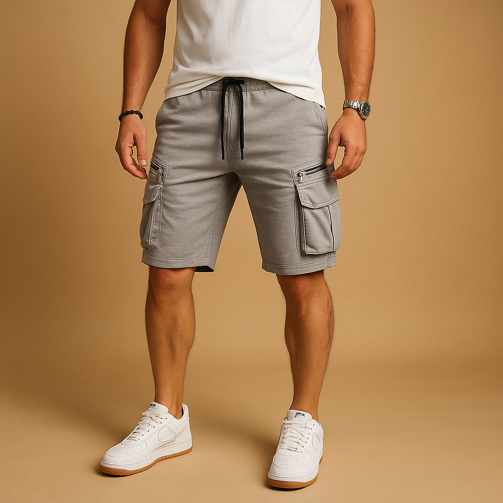 Men’s relaxed cargo shorts with drawstring and multiple pockets, ideal for summer wear, outdoor activities, and everyday comfort.