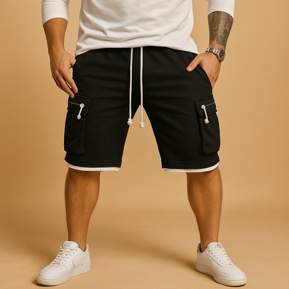 Men’s relaxed cargo shorts with drawstring and multiple pockets, ideal for summer wear, outdoor activities, and everyday comfort.
