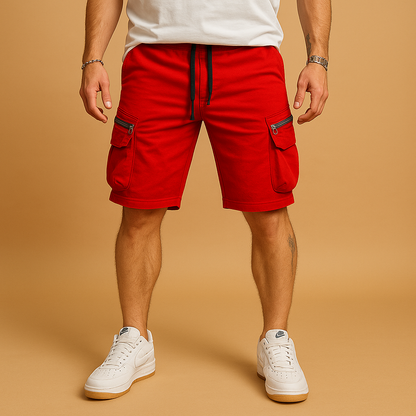 Men’s relaxed cargo shorts with drawstring and multiple pockets, ideal for summer wear, outdoor activities, and everyday comfort.