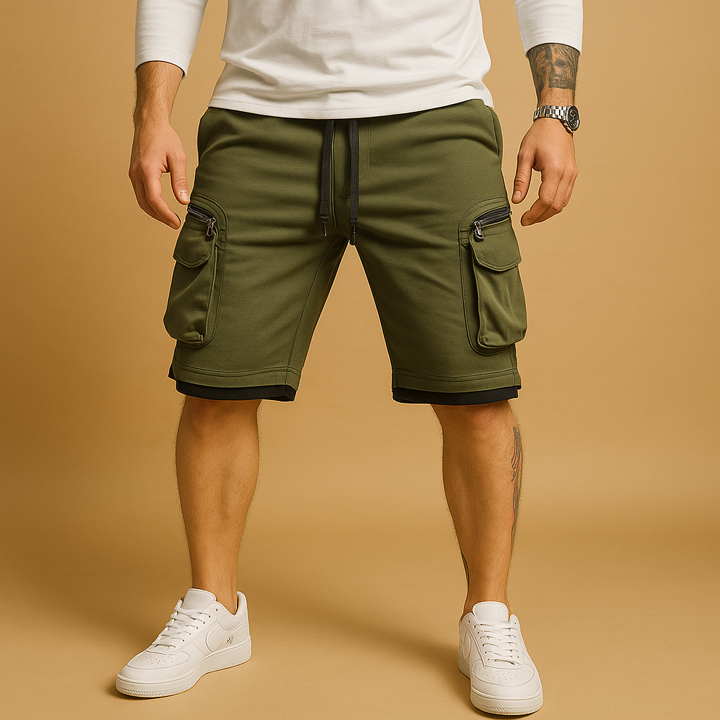 Men’s relaxed cargo shorts with drawstring and multiple pockets, ideal for summer wear, outdoor activities, and everyday comfort.