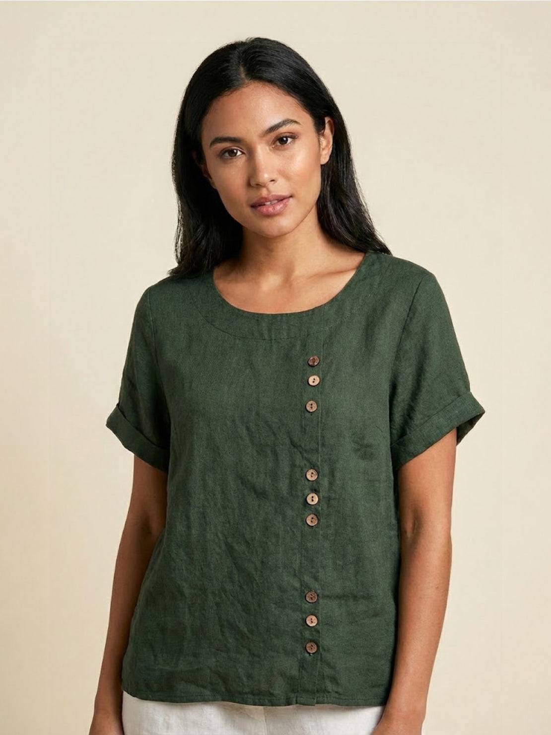 Women's Short Sleeve Casual Scoop Neck Button Detail - Vonnera