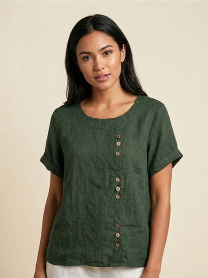 Women's Short Sleeve Casual Scoop Neck Button Detail - Vonnera