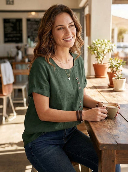 Women's Short Sleeve Casual Scoop Neck Button Detail
