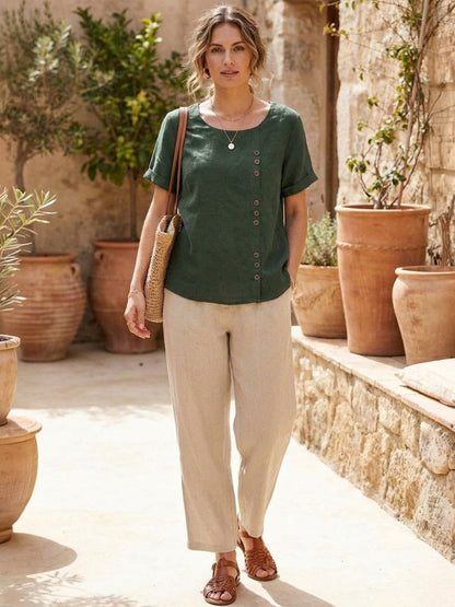 Women's Short Sleeve Casual Scoop Neck Button Detail