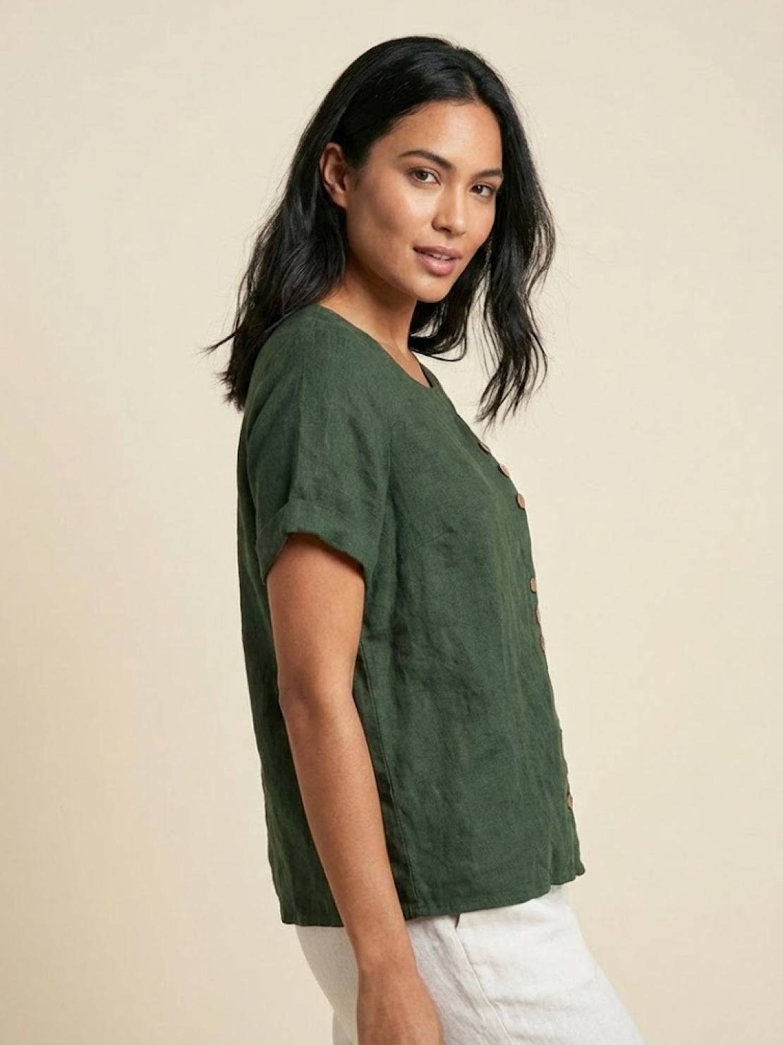 Women's Short Sleeve Casual Scoop Neck Button Detail
