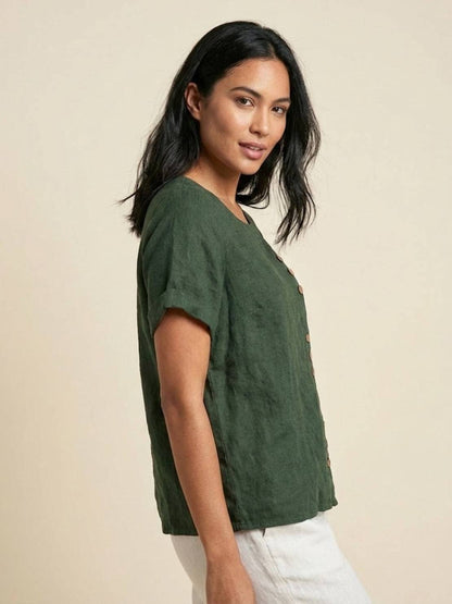 Women's Short Sleeve Casual Scoop Neck Button Detail