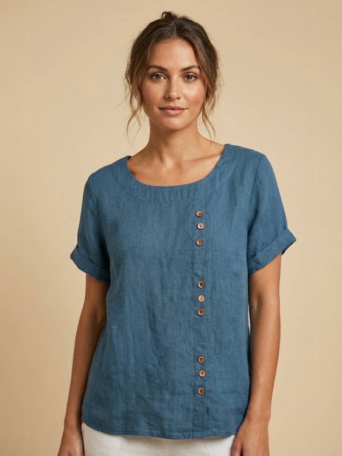 Women's Short Sleeve Casual Scoop Neck Button Detail