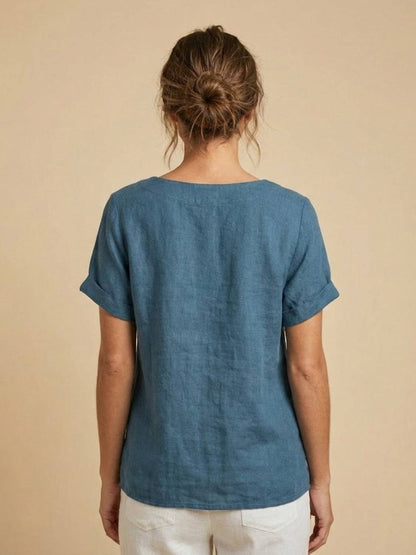 Foreen | Women's Casual Scoop Neck Button Detail Short Sleeve Top