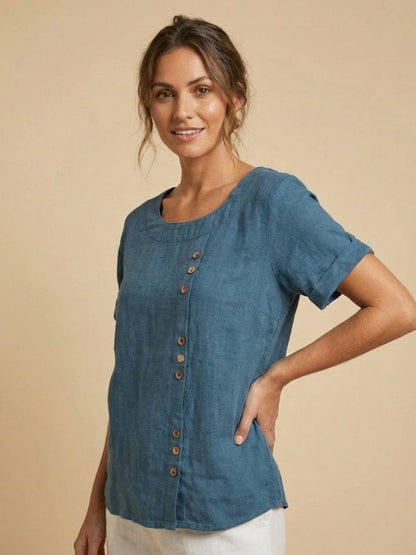 Women's Short Sleeve Casual Scoop Neck Button Detail