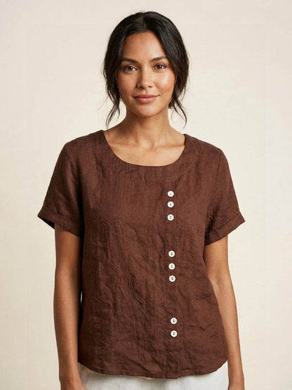 Foreen | Women's Casual Scoop Neck Button Detail Short Sleeve Top