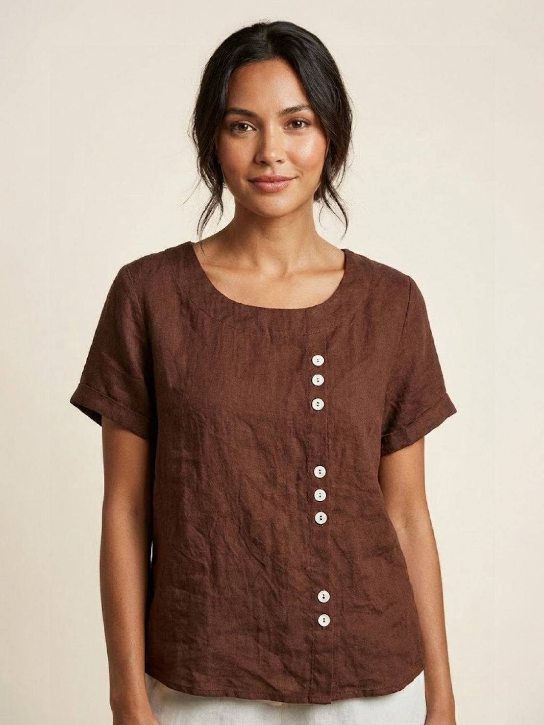 Women's Short Sleeve Casual Scoop Neck Button Detail
