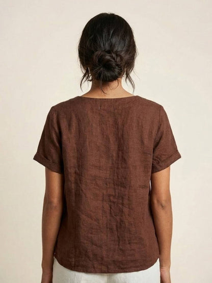 Foreen | Women's Casual Scoop Neck Button Detail Short Sleeve Top