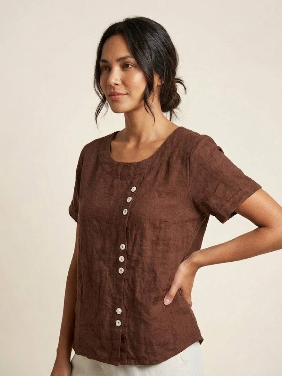 Women's Short Sleeve Casual Scoop Neck Button Detail
