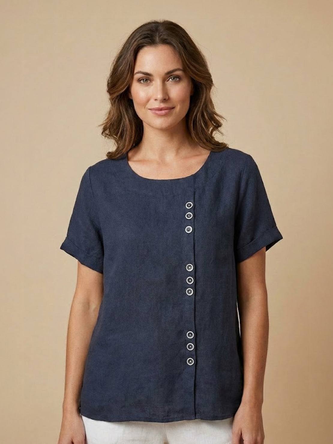 Women's Short Sleeve Casual Scoop Neck Button Detail