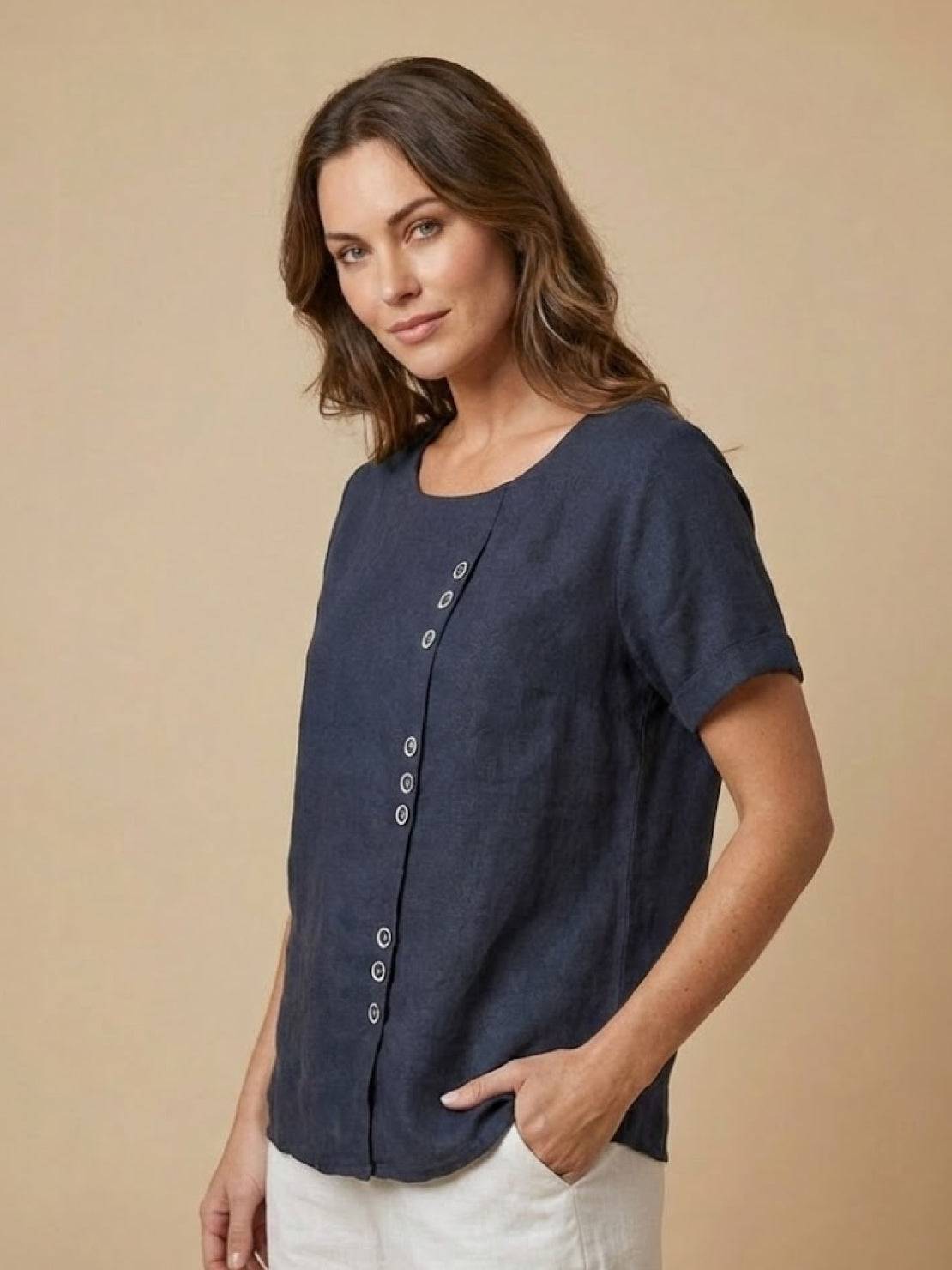 Women's Short Sleeve Casual Scoop Neck Button Detail
