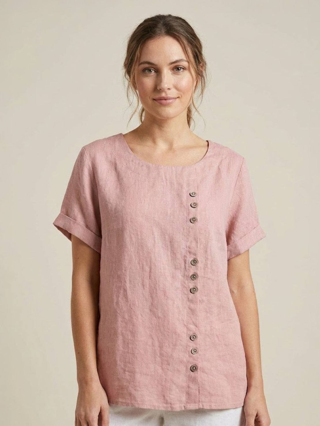 Women's Short Sleeve Casual Scoop Neck Button Detail