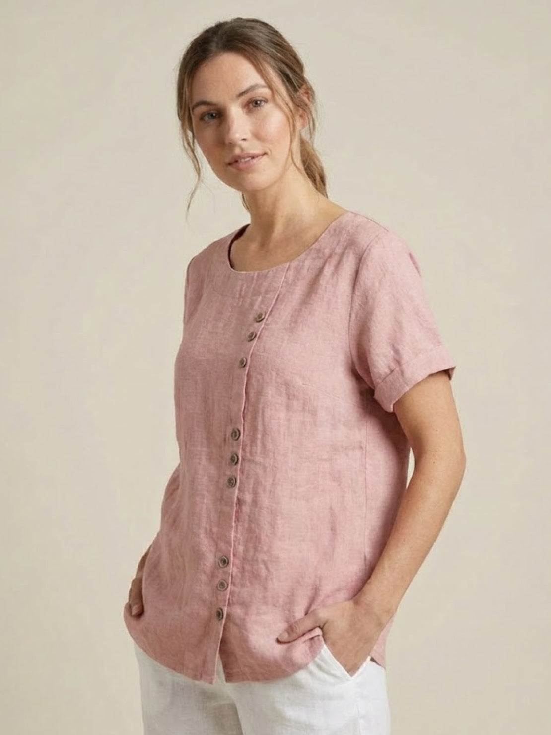 Women's Short Sleeve Casual Scoop Neck Button Detail