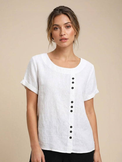 Women's Short Sleeve Casual Scoop Neck Button Detail