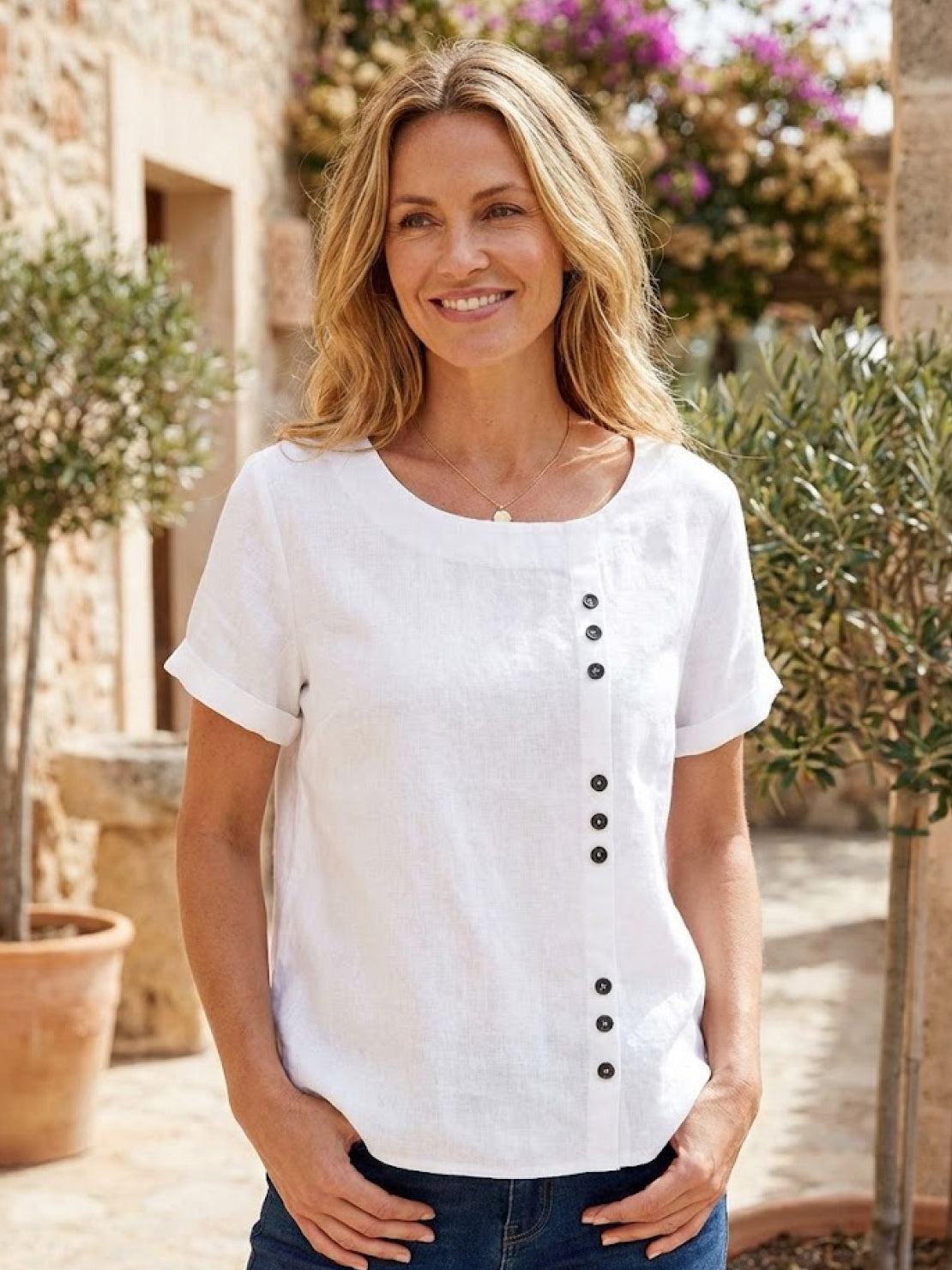 Women's Short Sleeve Casual Scoop Neck Button Detail