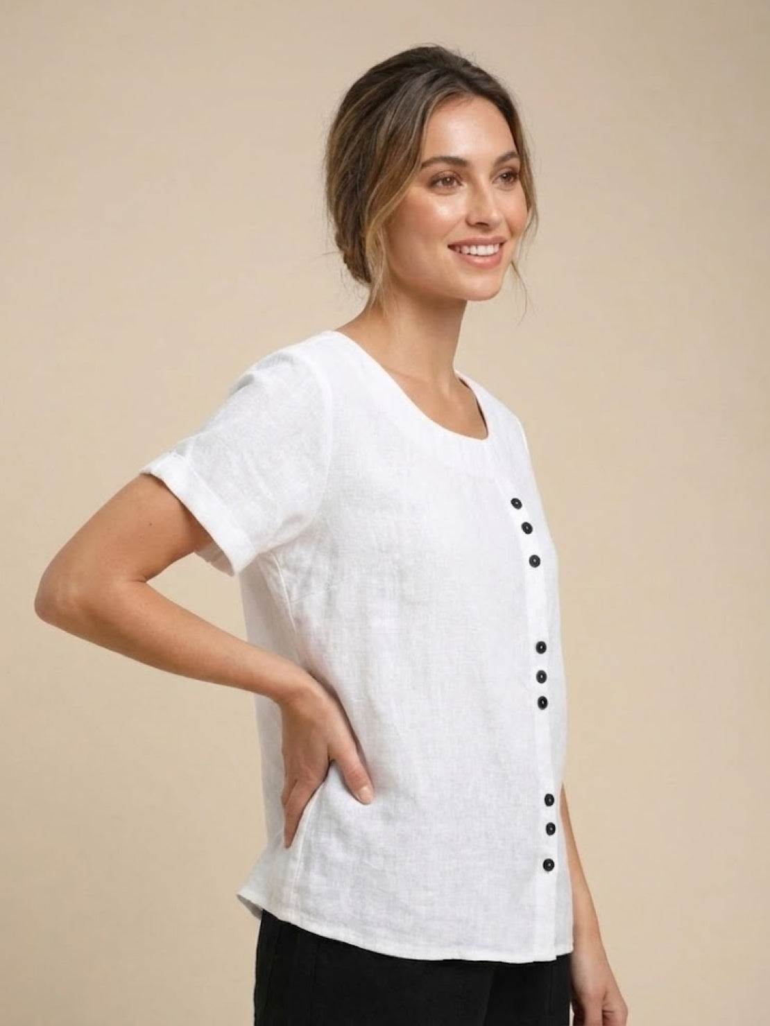 Women's Short Sleeve Casual Scoop Neck Button Detail