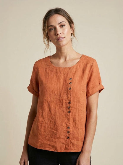 Women's Short Sleeve Casual Scoop Neck Button Detail