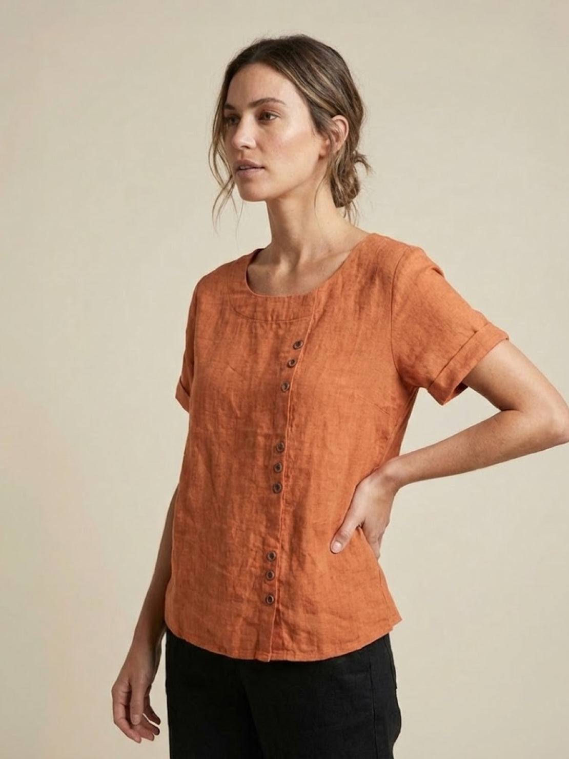 Women's Short Sleeve Casual Scoop Neck Button Detail