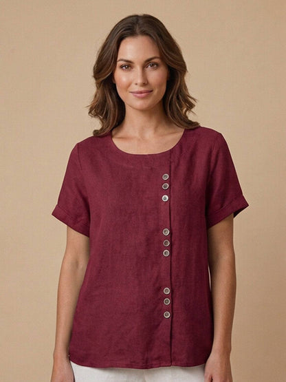 Women's Short Sleeve Casual Scoop Neck Button Detail