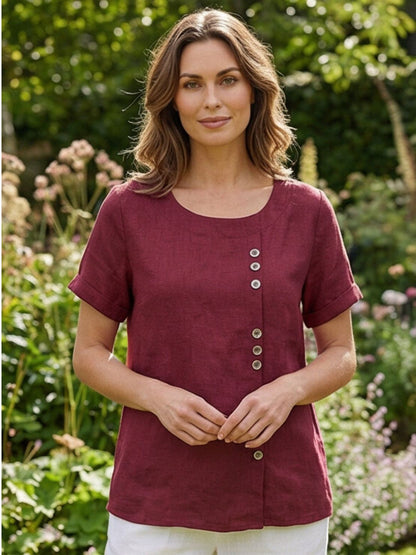 Women's Short Sleeve Casual Scoop Neck Button Detail