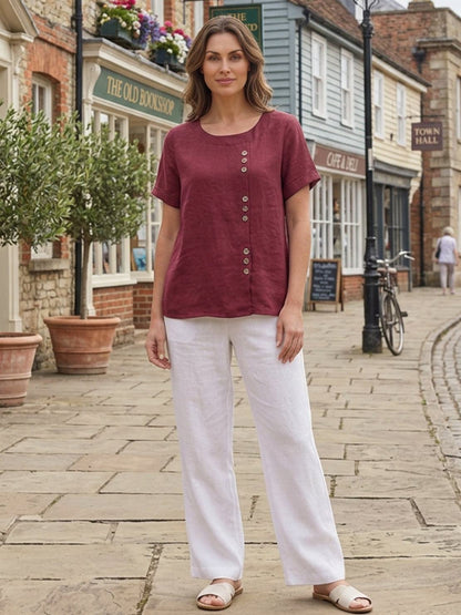 Foreen | Women's Casual Scoop Neck Button Detail Short Sleeve Top